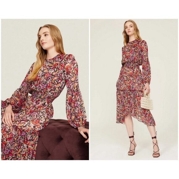 💕MISA LOS ANGELES💕 Simone Printed Chiffon Midi Dress ~ Fire Flora XS NWOT - Picture 1 of 16